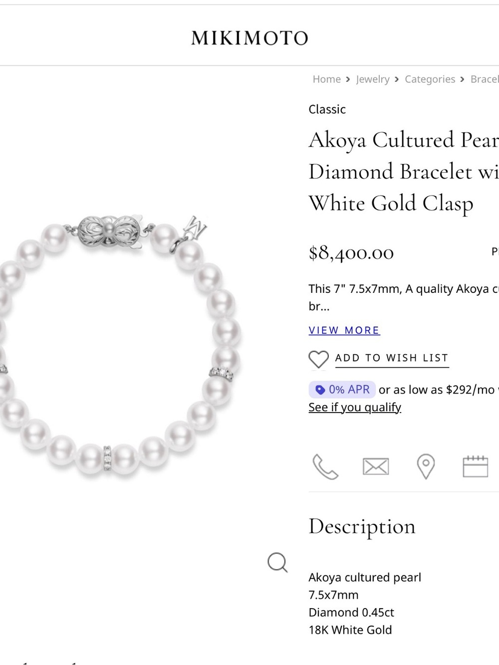 Mikimoto White Pearl Bracelet with White Gold Clasp and Diamond Accents